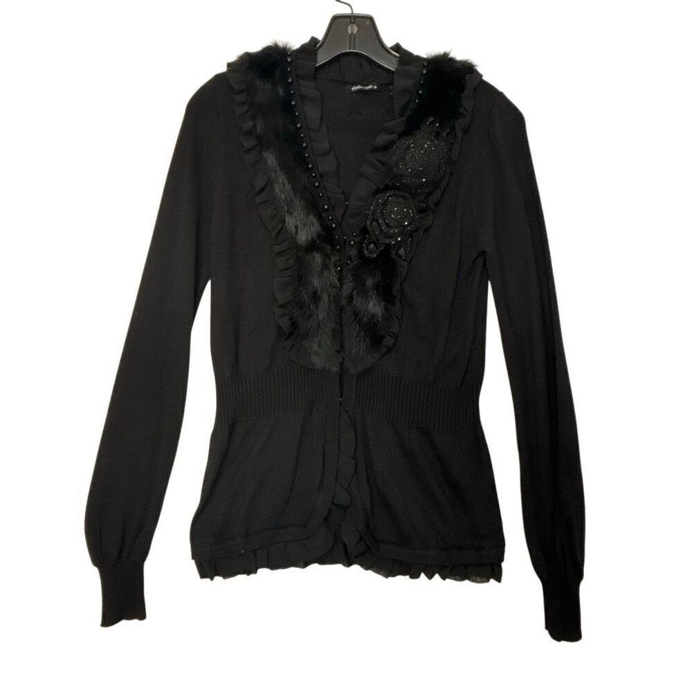 Dolce Cabo Women's Size XS Black Rabbit Fur Black Long Sleeve Top Blouse
